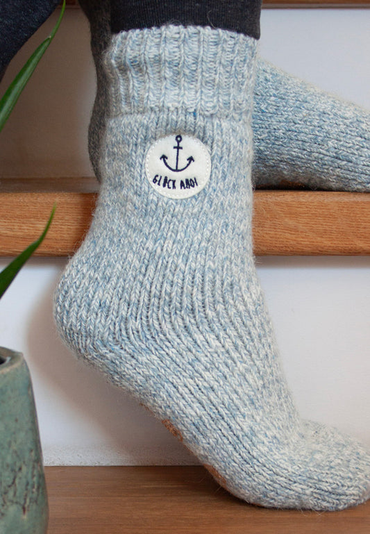 Wollsocken "Glück Ahoi" eisblau Adelheid