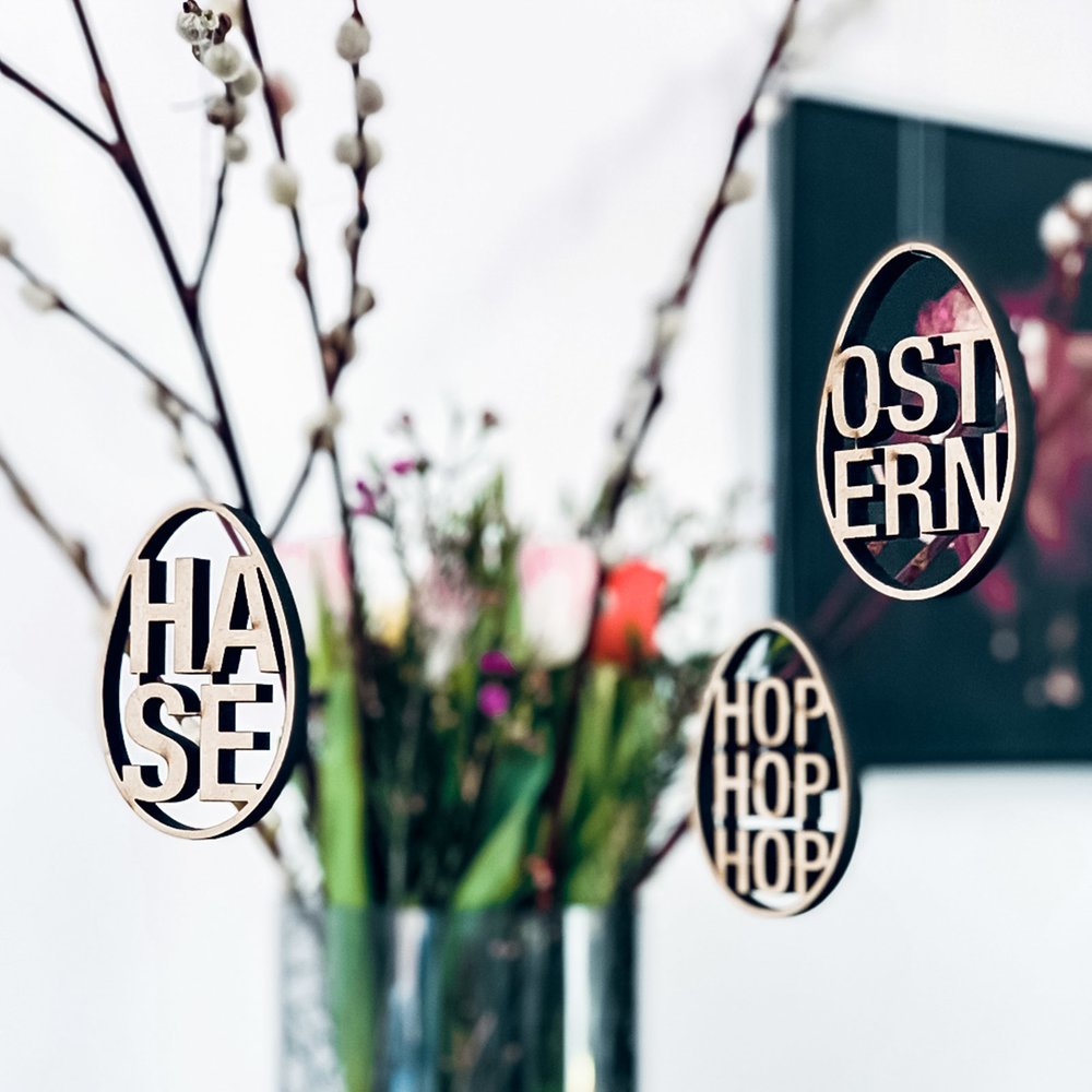 Schriftzug Set aus 3 Ostereiern "Ostern, Hase, Hop Hop Hop"