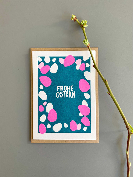 Frohe Ostern Risodruck Karte Eier