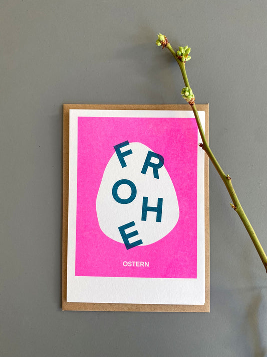 Frohe Ostern Risodruck Karte Ei pink